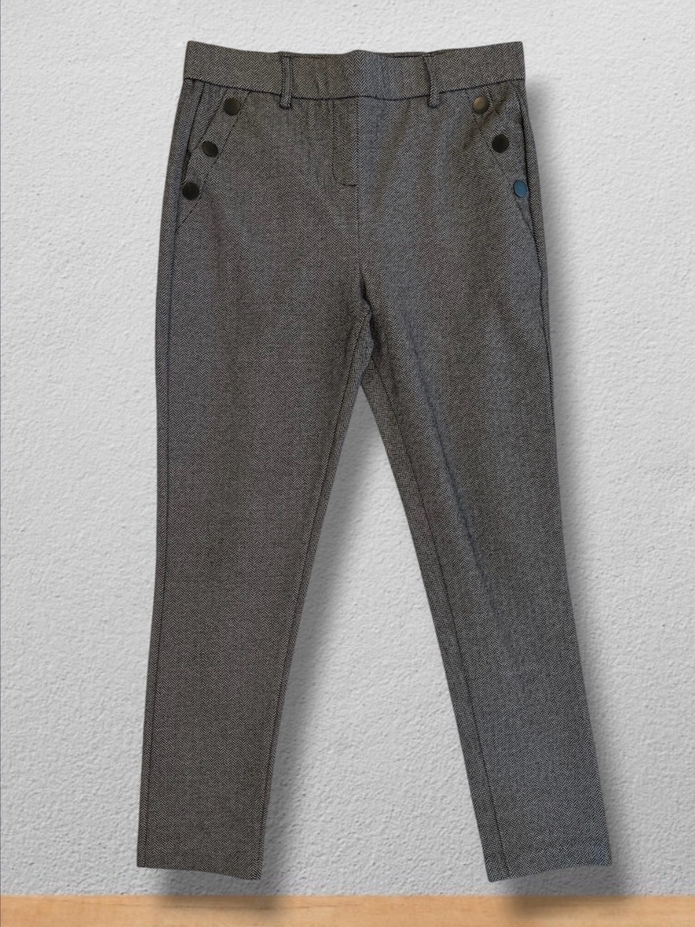 Miss Ashley Petite PM Grey Herringbone Sailor Button Ankle Pants